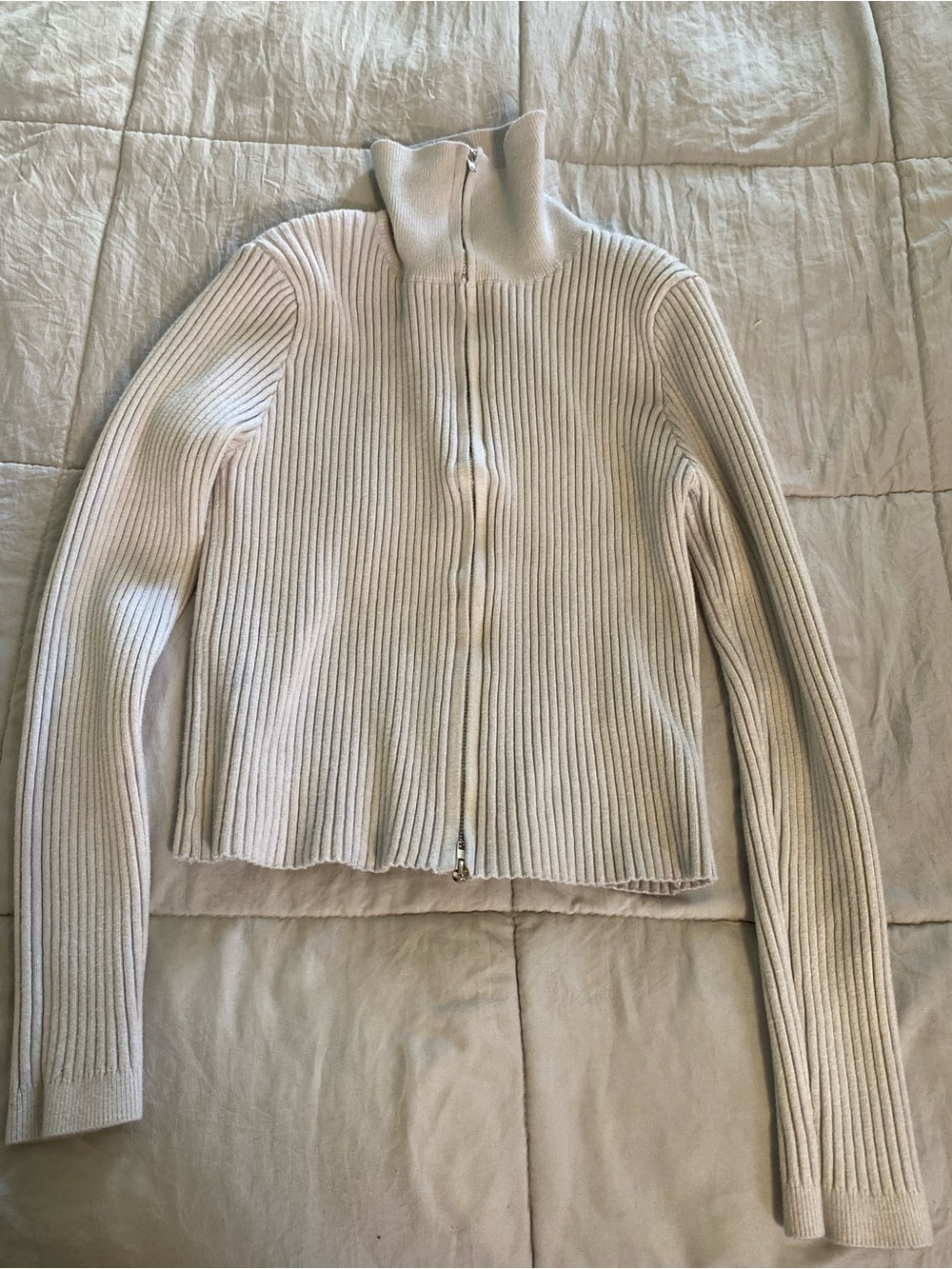 ROMWE Ribbed Zip-Up Mock Neck Sweater - Cream